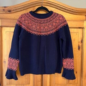 J. Crew Navy and Coral Patterned Sweater with Ruffle Cuff